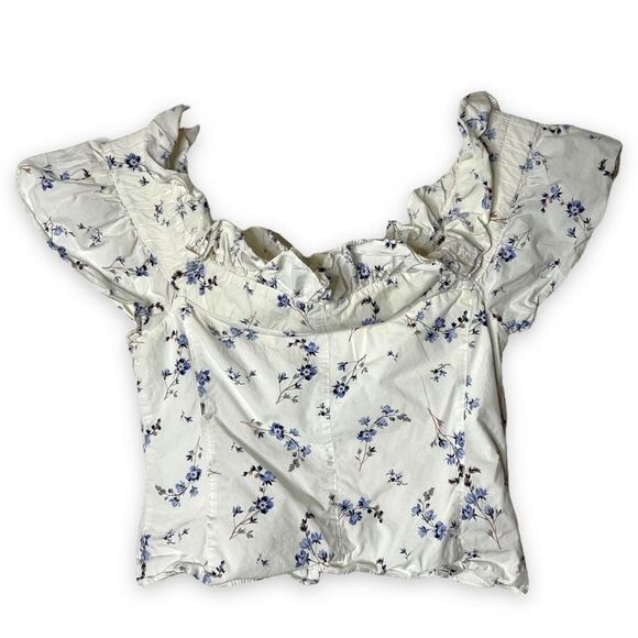 Rebecca Taylor Off Shoulder Francine Ruffle Blouse Top Cotton Floral White SZ 4 - Picture 5 of 8